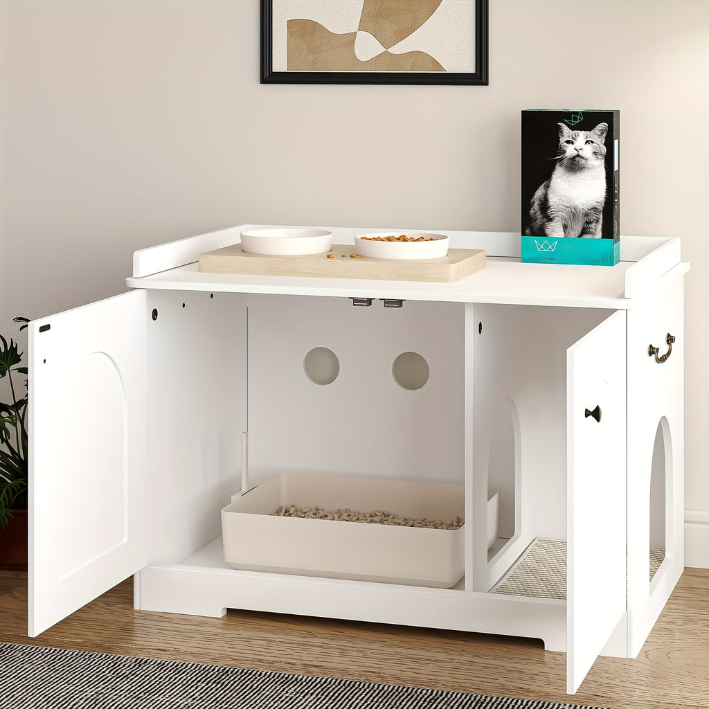 Meuble Litière pour Chat en Bois Blanc – Maison Fermée avec Porte et Poignées (50 × 80 × 57 cm) - MinisPets