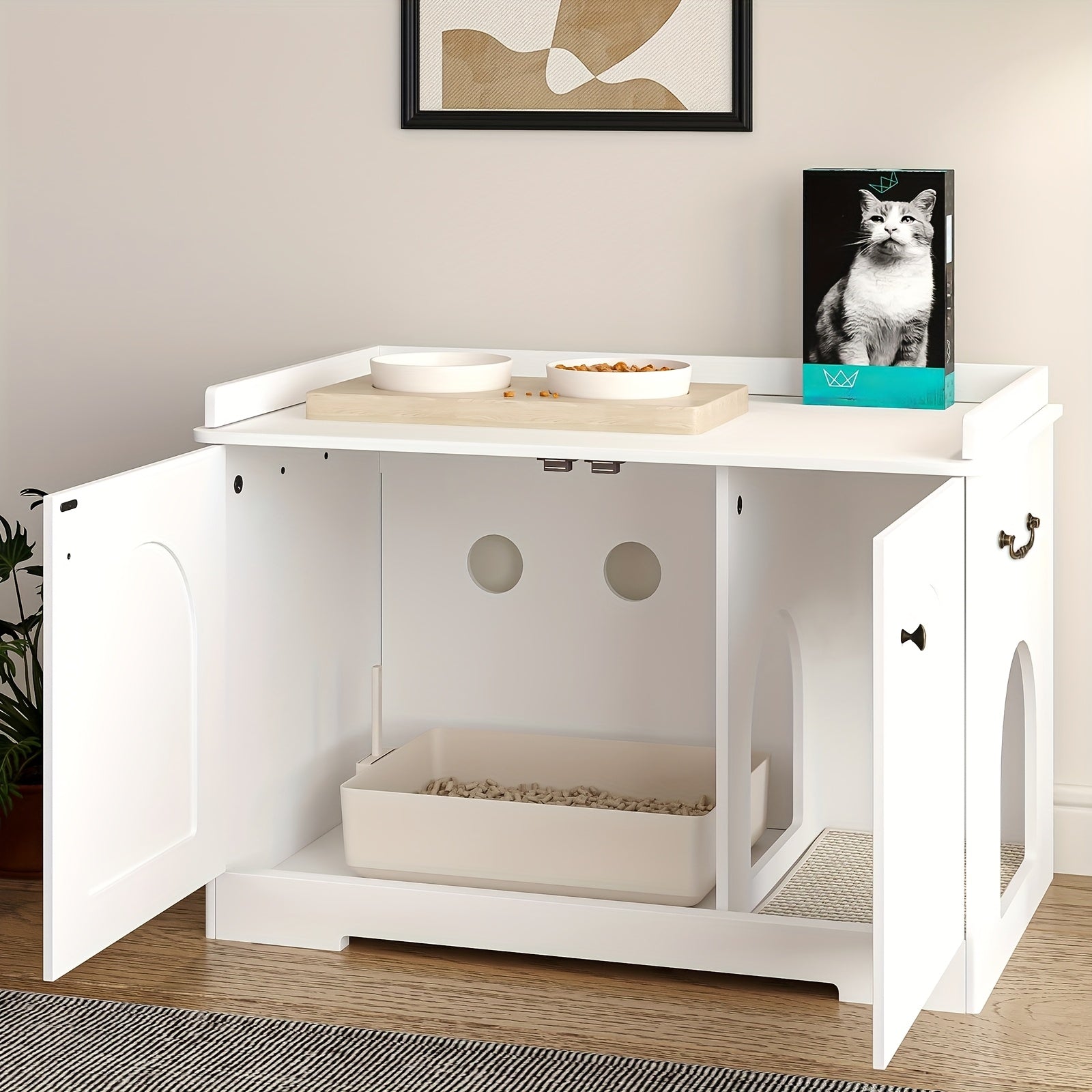 Meuble Litière pour Chat en Bois Blanc – Maison Fermée avec Porte et Poignées (50 × 80 × 57 cm) - MinisPets