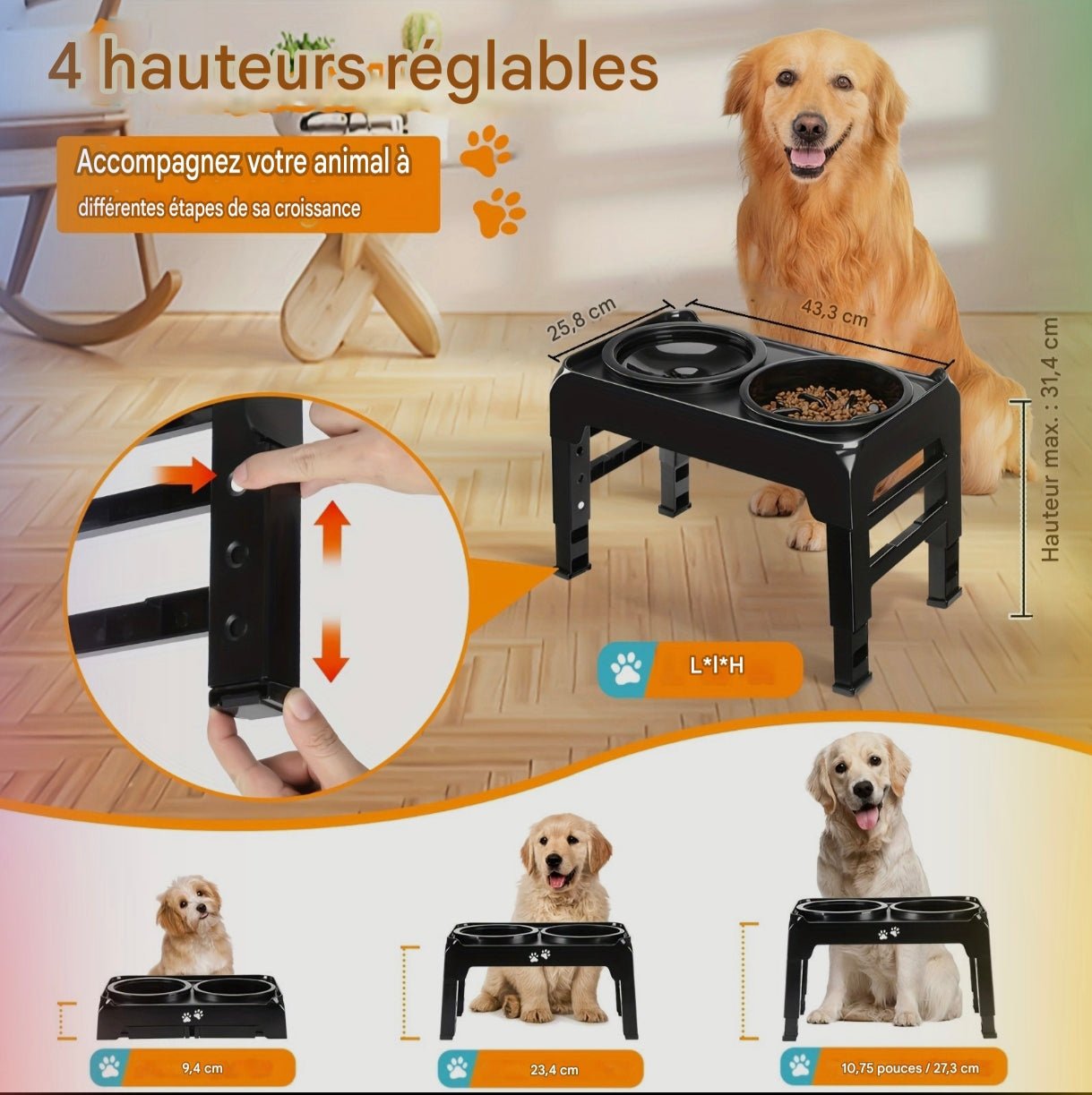 Gamelle anti - glouton surélevée réglable pour chien - MinisPets